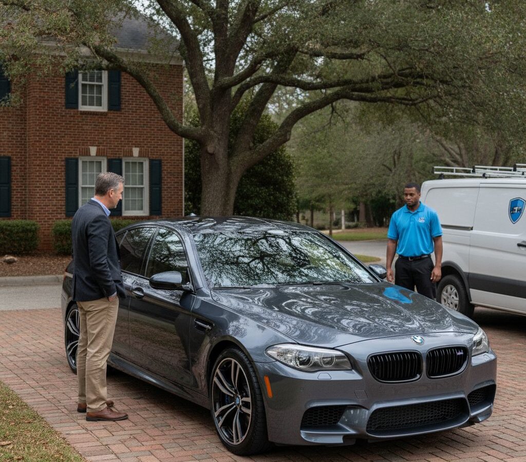 Customer with freshly-detailed vehicle at delivery
