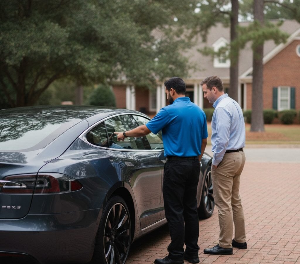 Customer + crew walk-around discussion at vehicle delivery