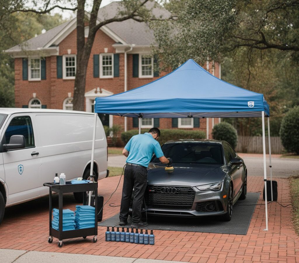 Mobile detail visit in progress — van, canopy, vehicle under work