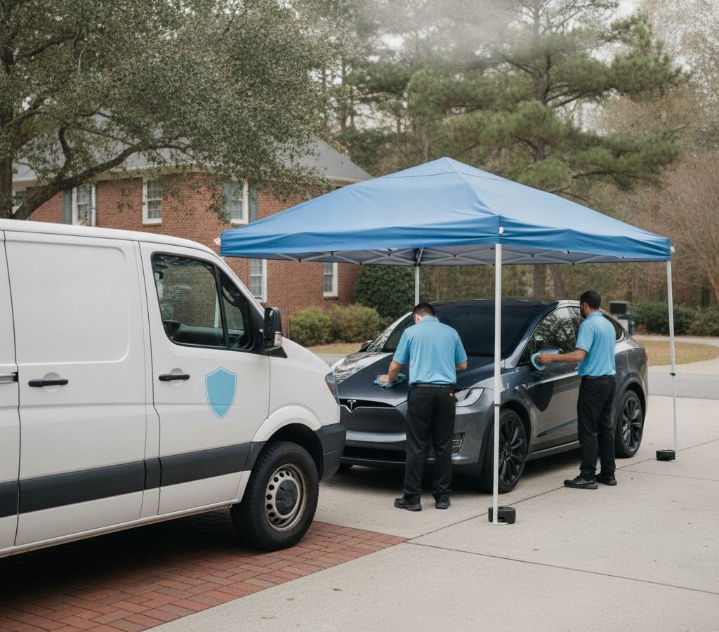 Mobile Detail Doctor van + canopy setup at a customer driveway