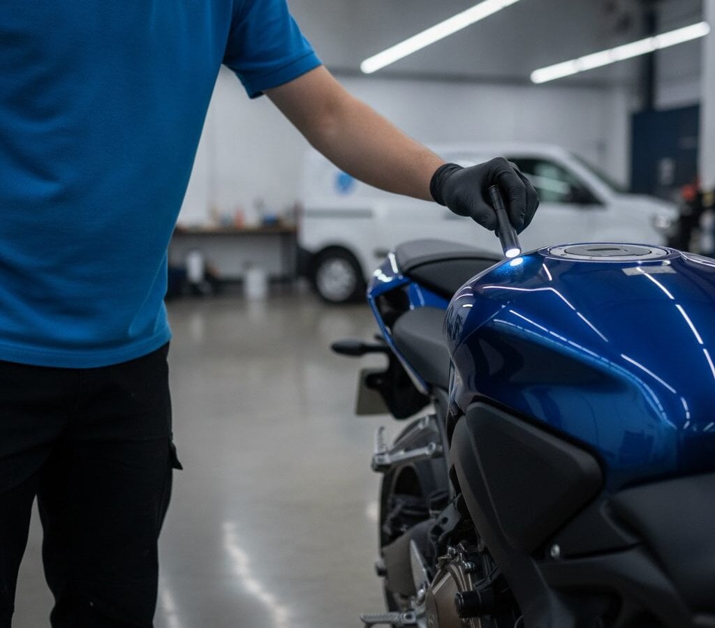 Motorcycle Detailing walk-around inspection by a mobile detail crew