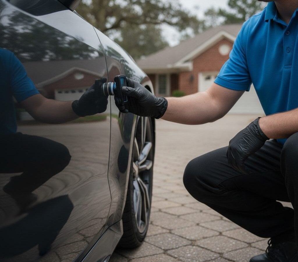 Paint Protection Film walk-around inspection by a mobile detail crew