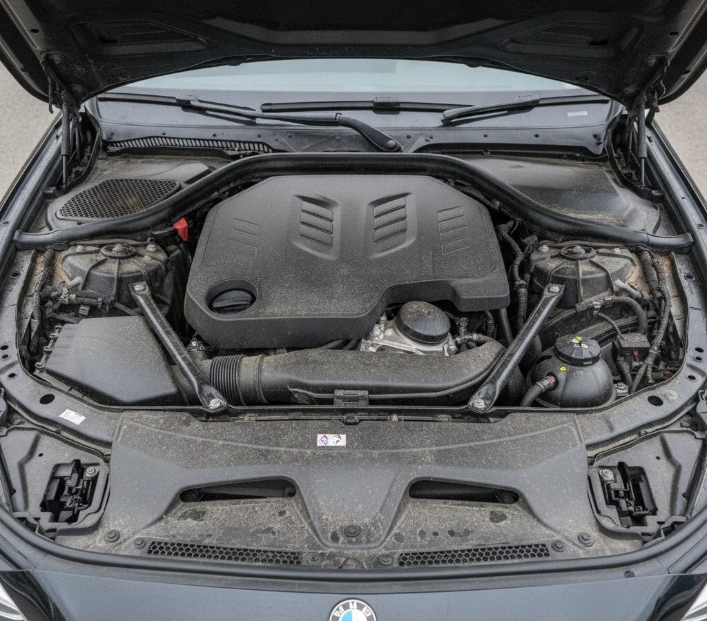 Before engine bay detailing — pre-service condition