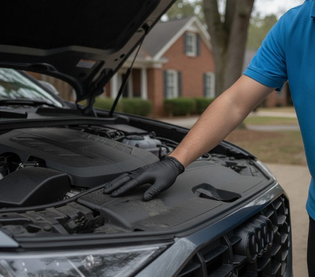 Engine Bay Detailing walk-around inspection by a mobile detail crew